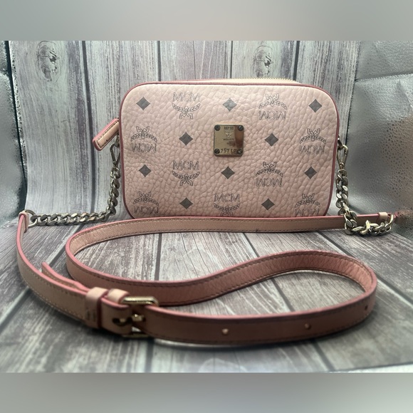 MCM Visetos Mini Camera Crossbody Bag Powder Pink Leather Chain Strap - Picture 3 of 16